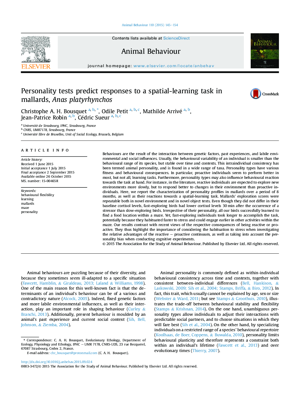 Personality tests predict responses to a spatial-learning task in mallards, Anas platyrhynchos