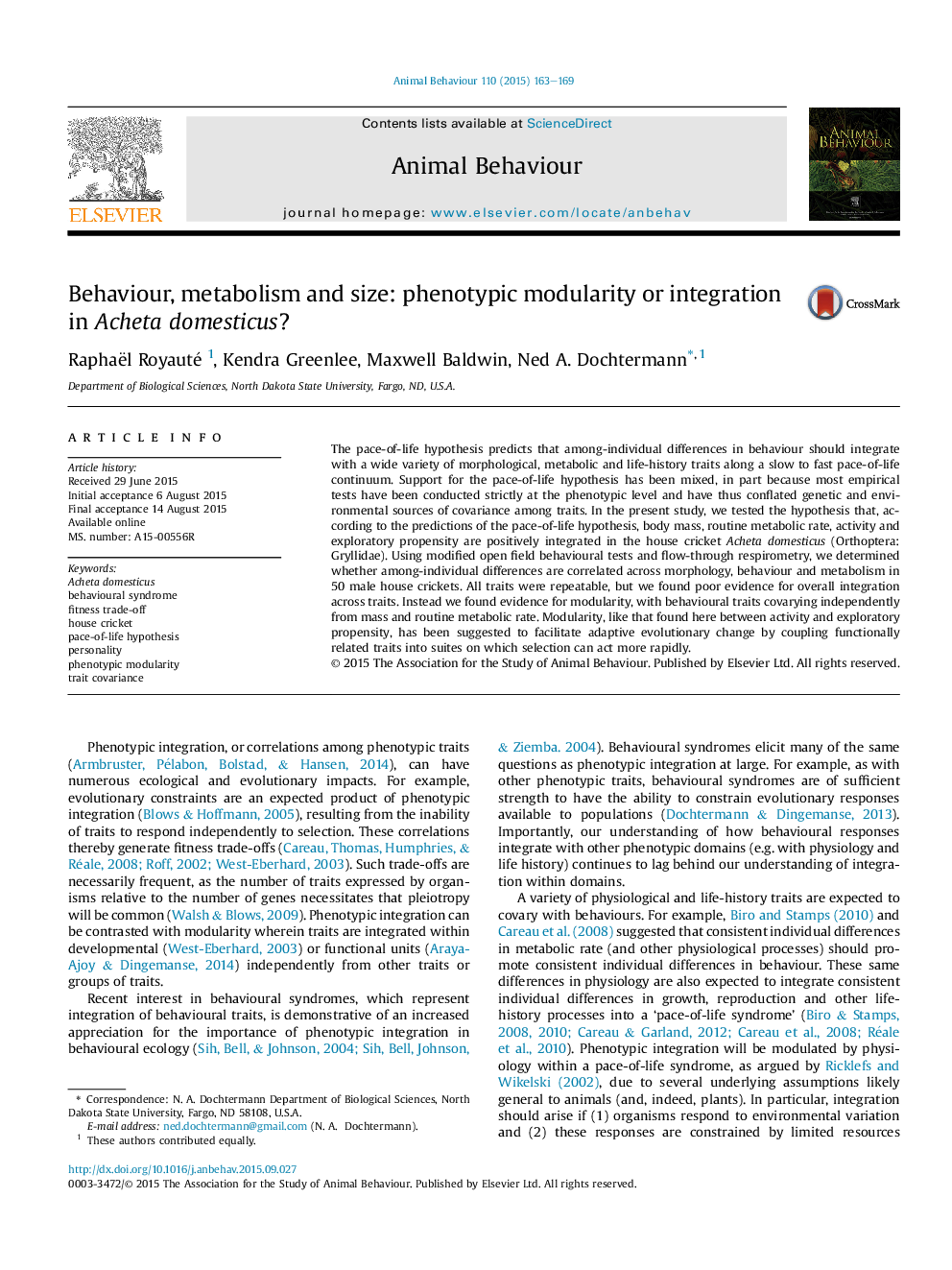 Behaviour, metabolism and size: phenotypic modularity or integration in Acheta domesticus?