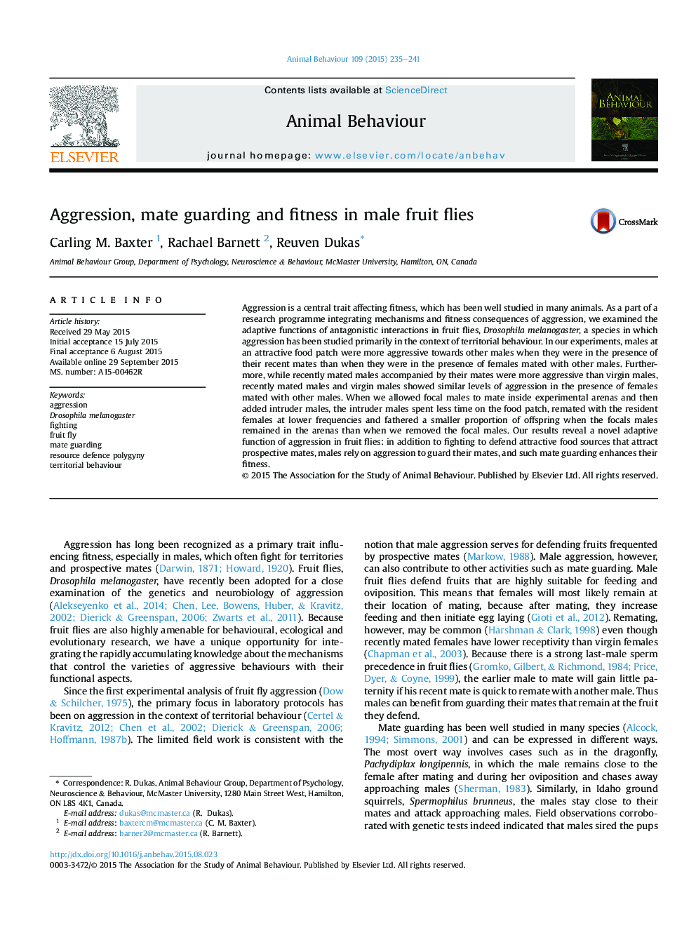 Aggression, mate guarding and fitness in male fruit flies