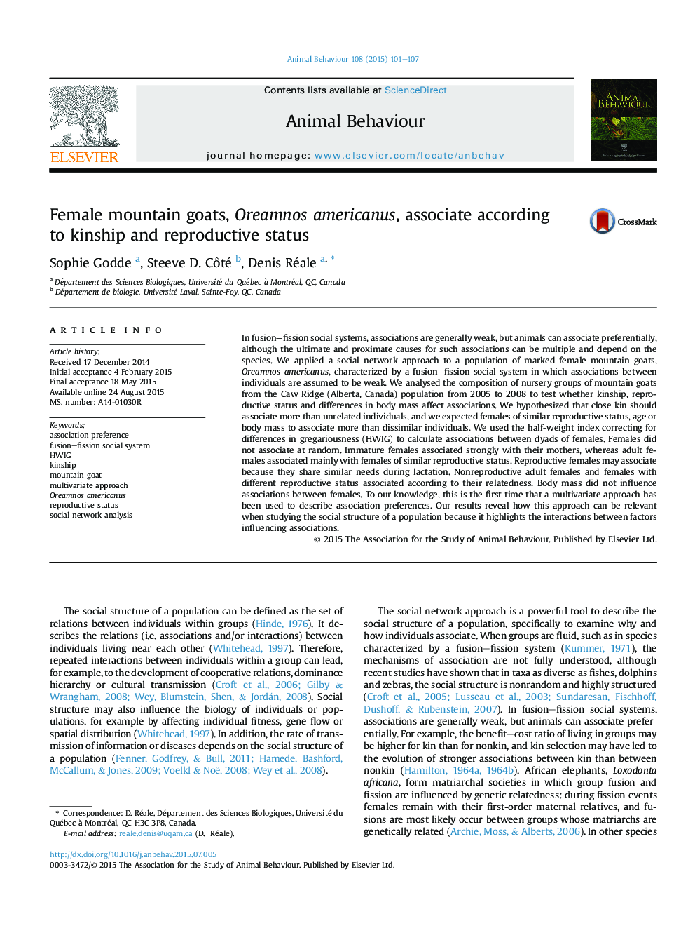 Female mountain goats, Oreamnos americanus, associate according to kinship and reproductive status