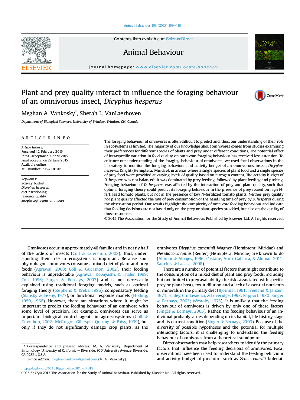 Plant and prey quality interact to influence the foraging behaviour of an omnivorous insect, Dicyphus hesperus