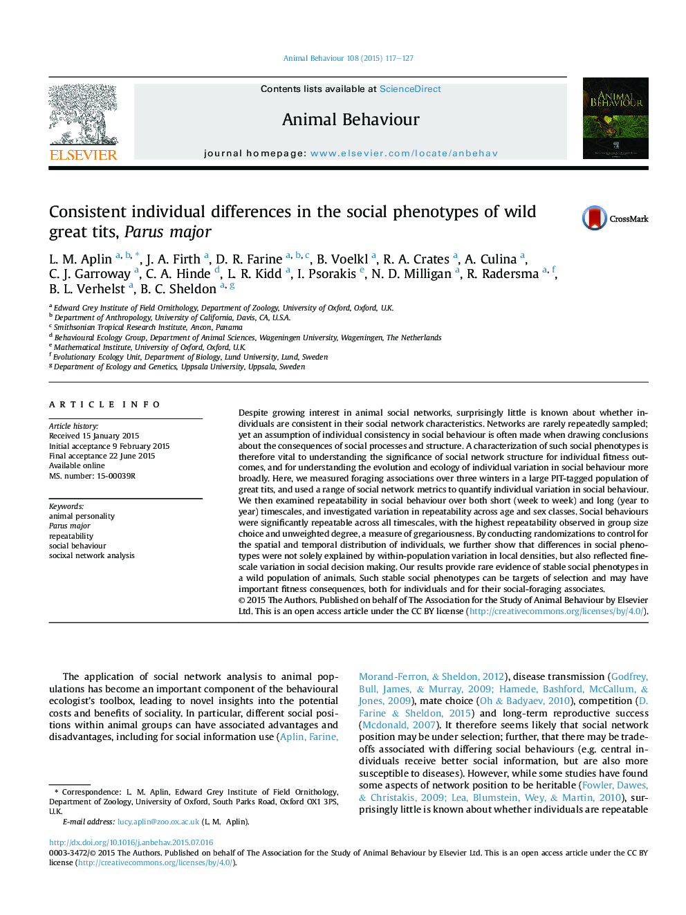 Consistent individual differences in the social phenotypes of wild great tits, Parus major