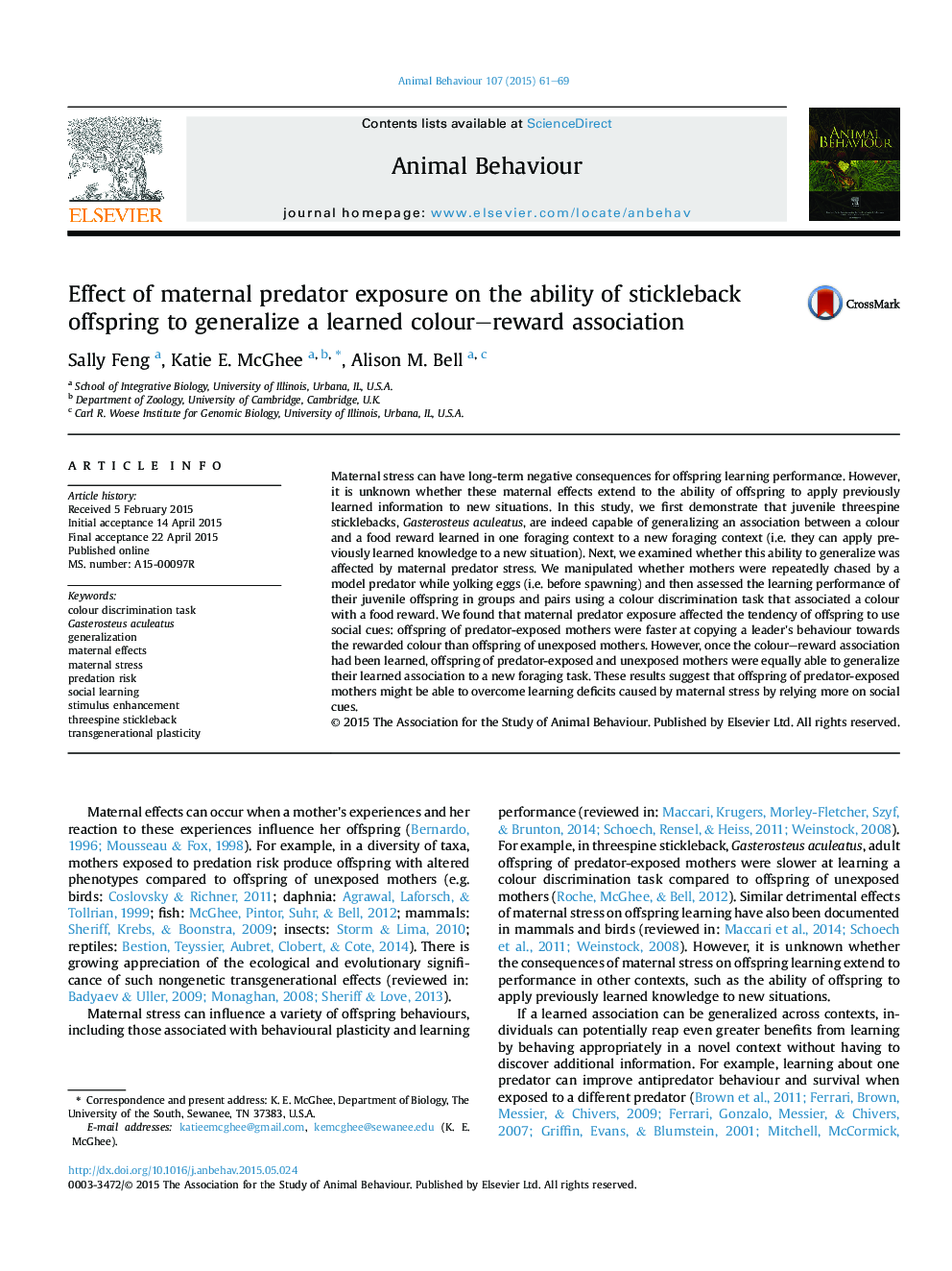 Effect of maternal predator exposure on the ability of stickleback offspring to generalize a learned colour-reward association