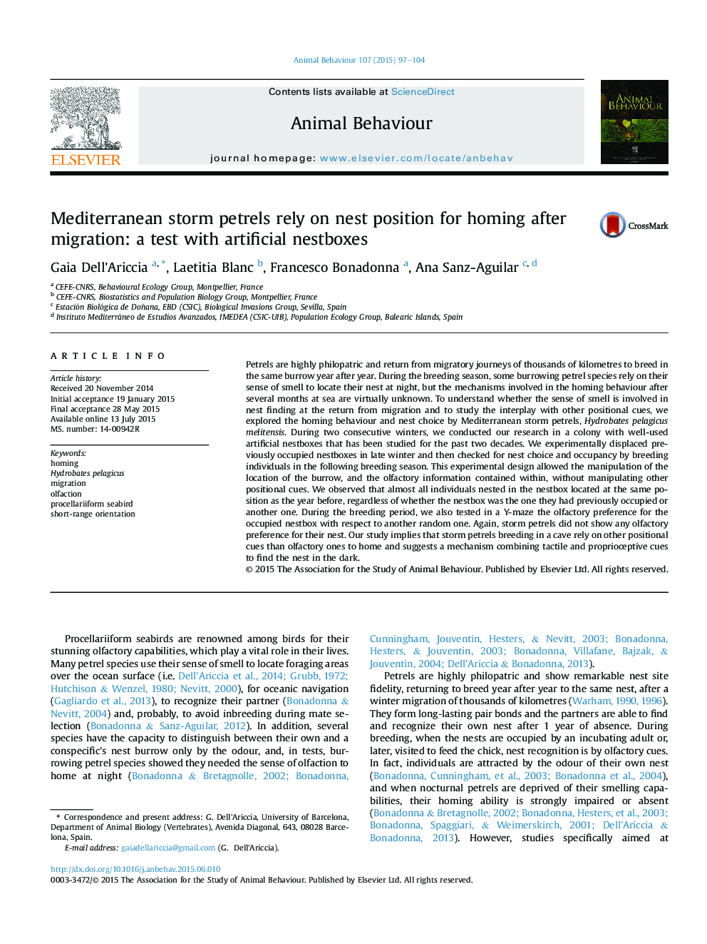 Mediterranean storm petrels rely on nest position for homing after migration: a test with artificial nestboxes