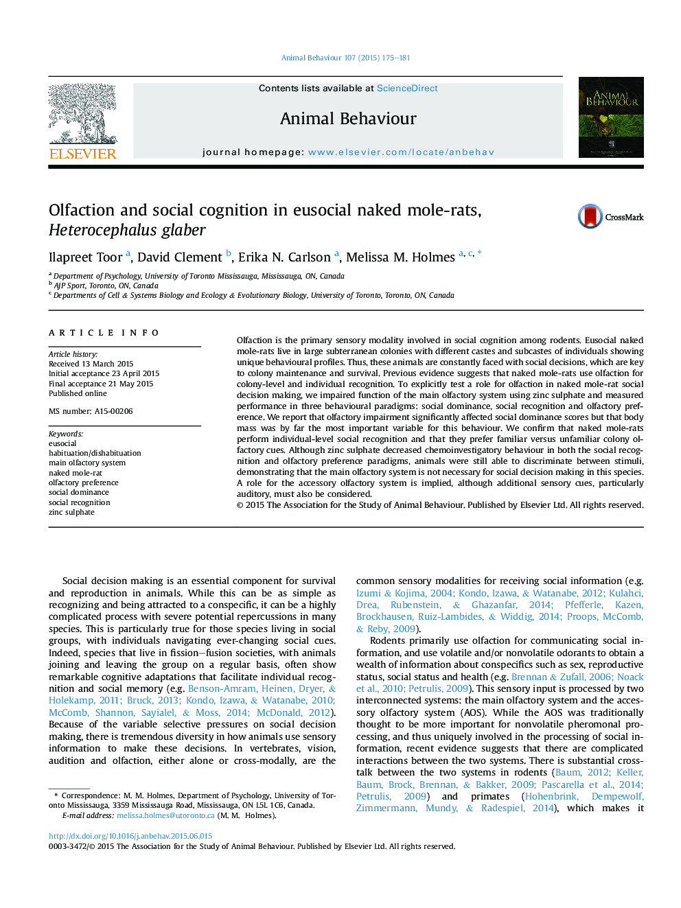 Olfaction and social cognition in eusocial naked mole-rats, Heterocephalus glaber