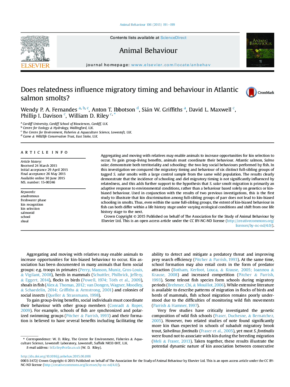 Does relatedness influence migratory timing and behaviour in Atlantic salmon smolts?