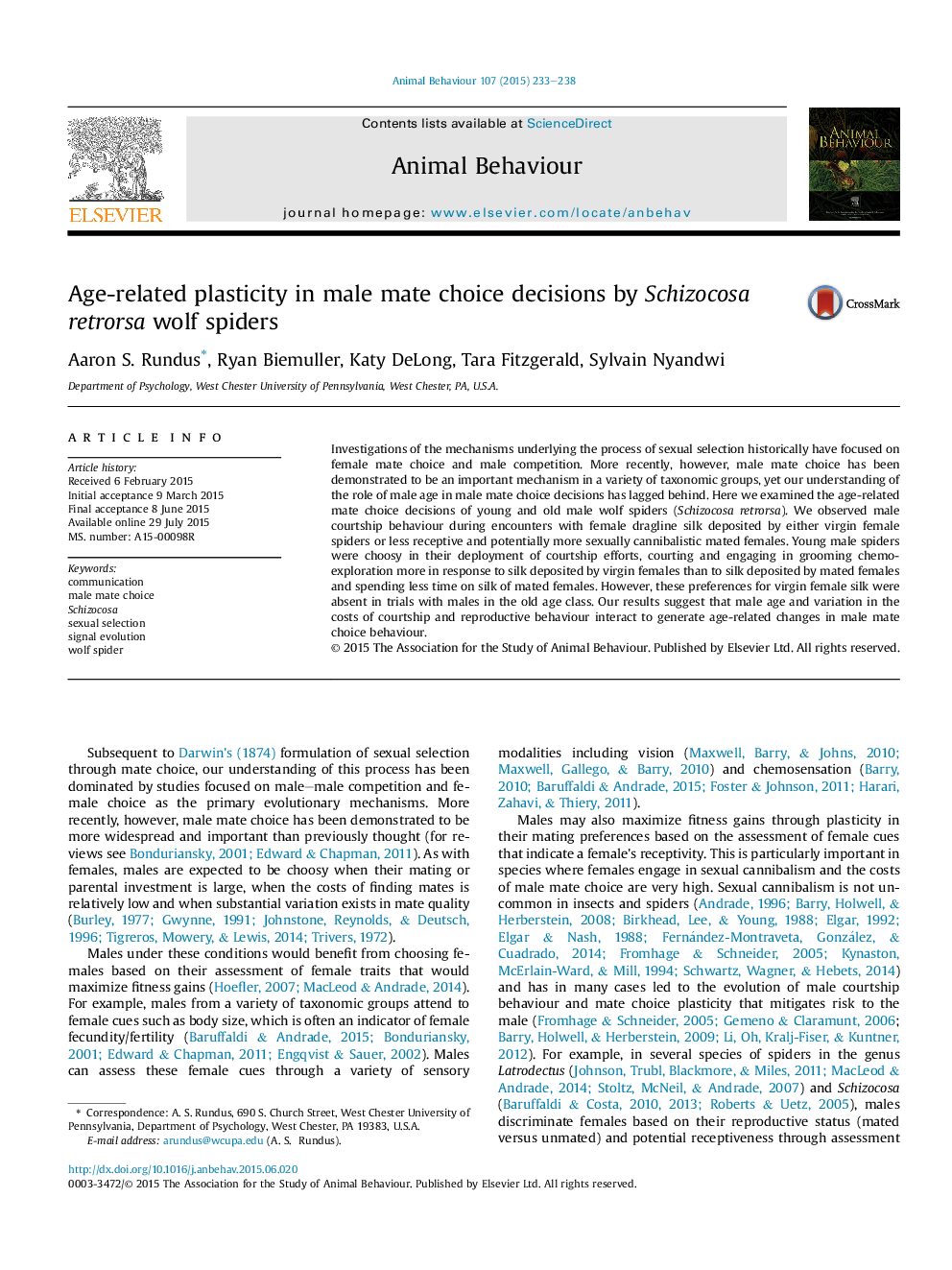 Age-related plasticity in male mate choice decisions by Schizocosa retrorsa wolf spiders