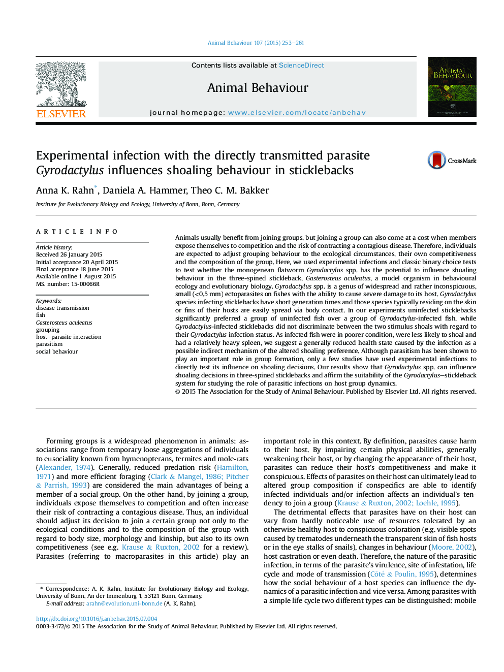 عکس صفحه اول مقاله: Experimental infection with the directly transmitted parasite Gyrodactylus influences shoaling behaviour in sticklebacks Experimental infection with the directly transmitted parasite Gyrodactylus influences shoaling behaviour in sticklebacks