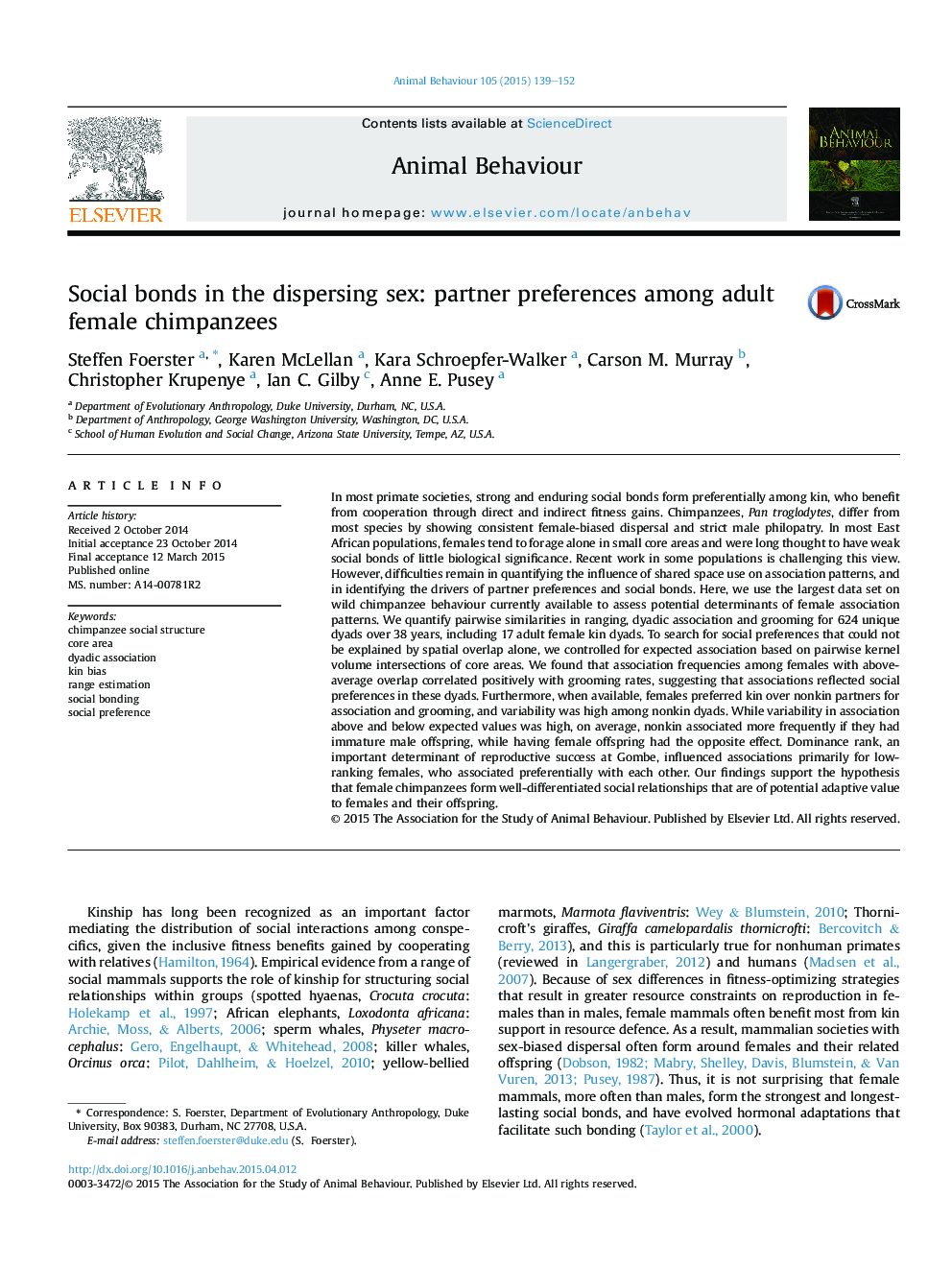 Social bonds in the dispersing sex: partner preferences among adult female chimpanzees