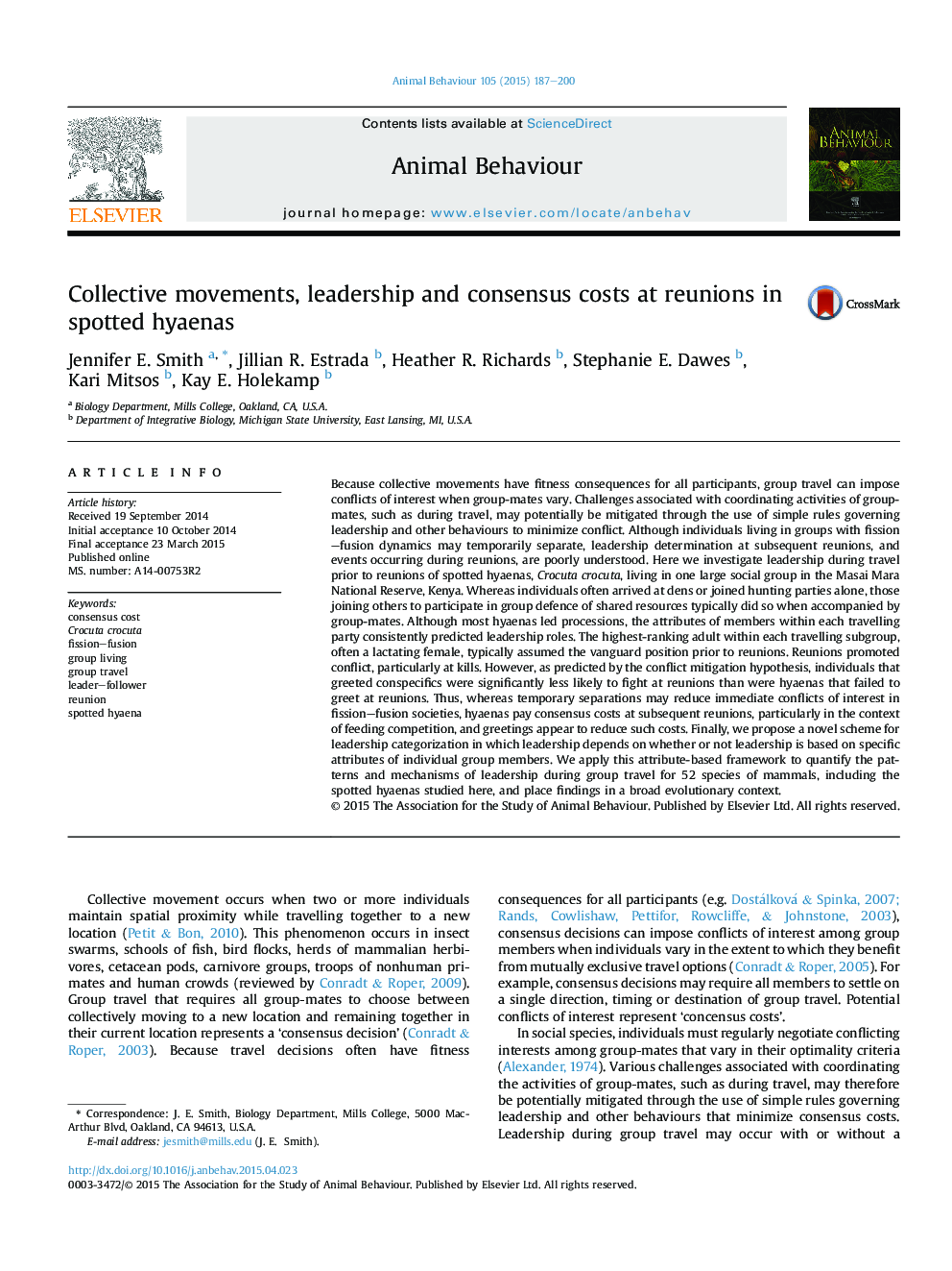 Collective movements, leadership and consensus costs at reunions in spotted hyaenas