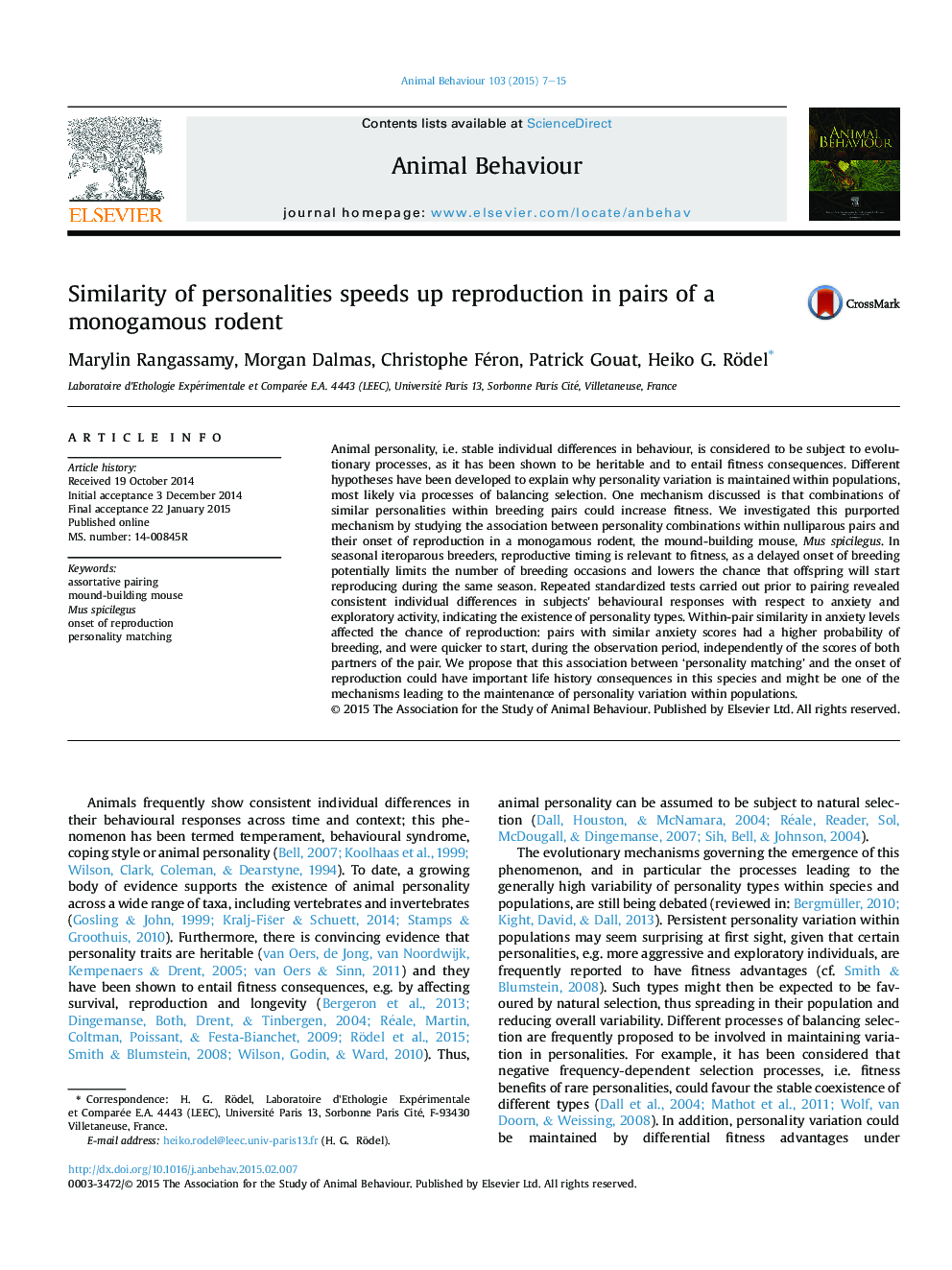 Similarity of personalities speeds up reproduction in pairs of a monogamous rodent