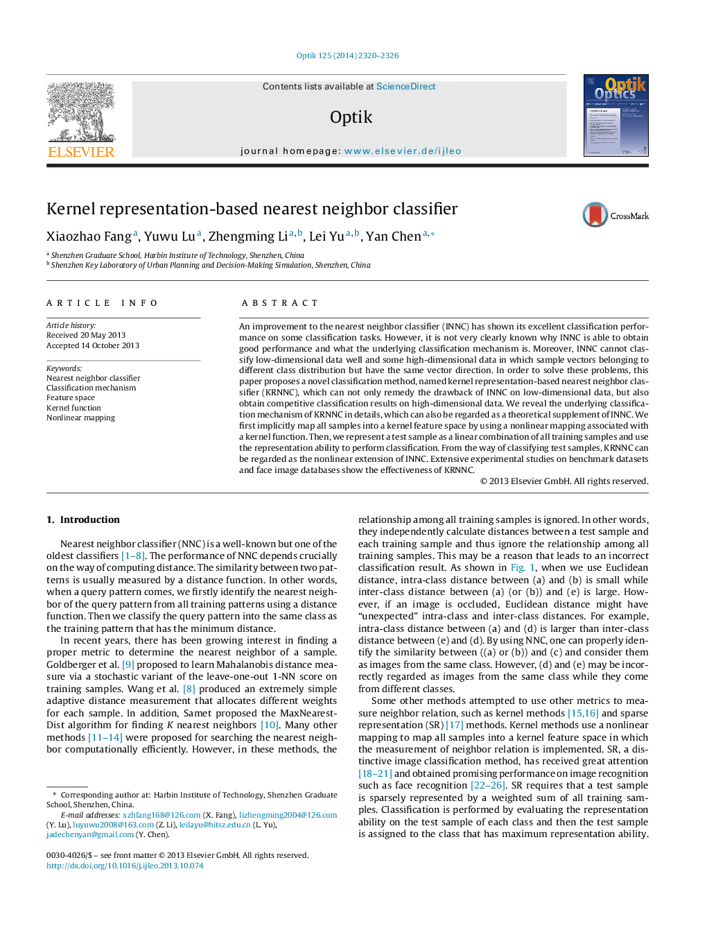 Kernel representation-based nearest neighbor classifier