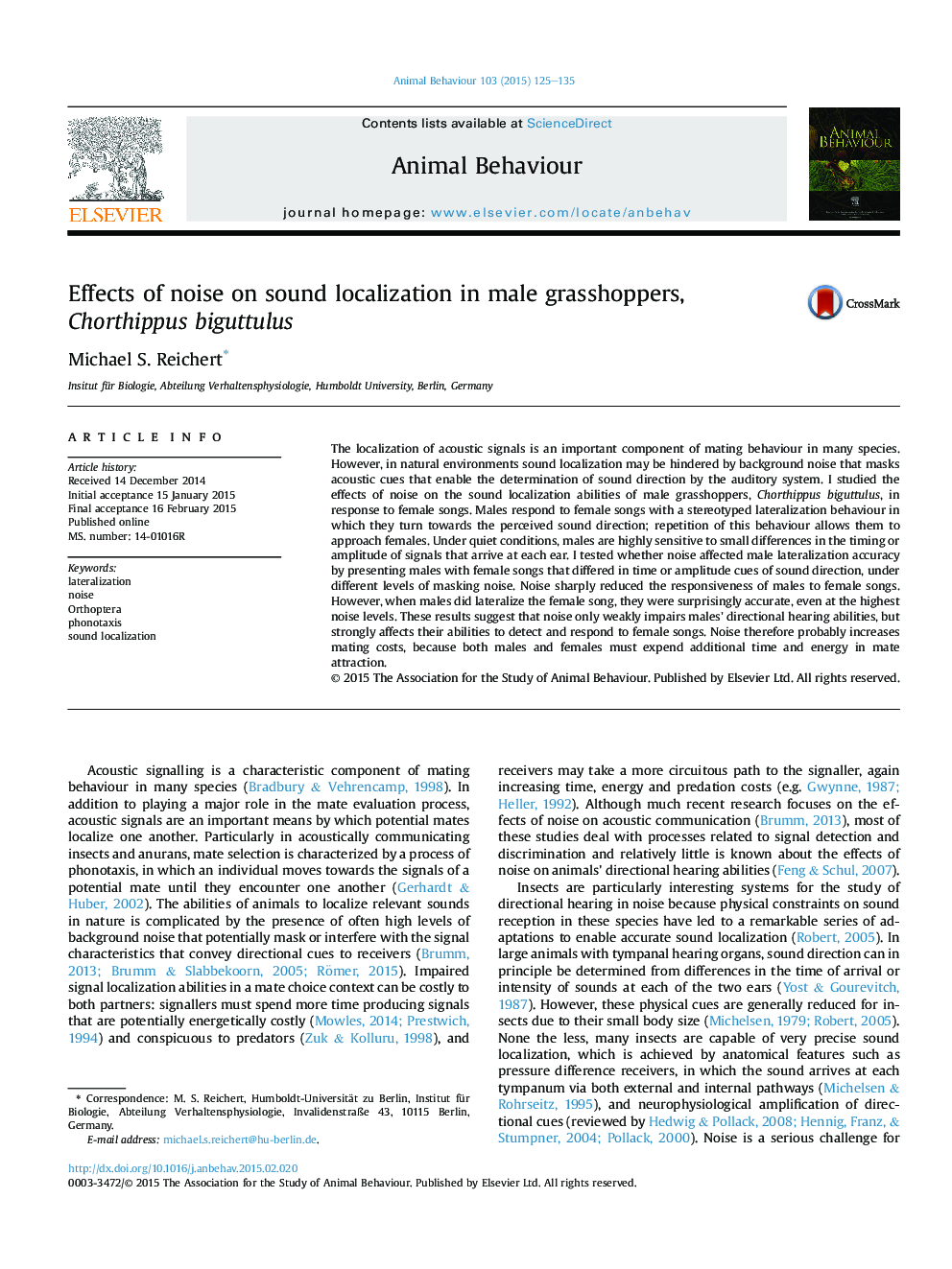 Effects of noise on sound localization in male grasshoppers, Chorthippus biguttulus