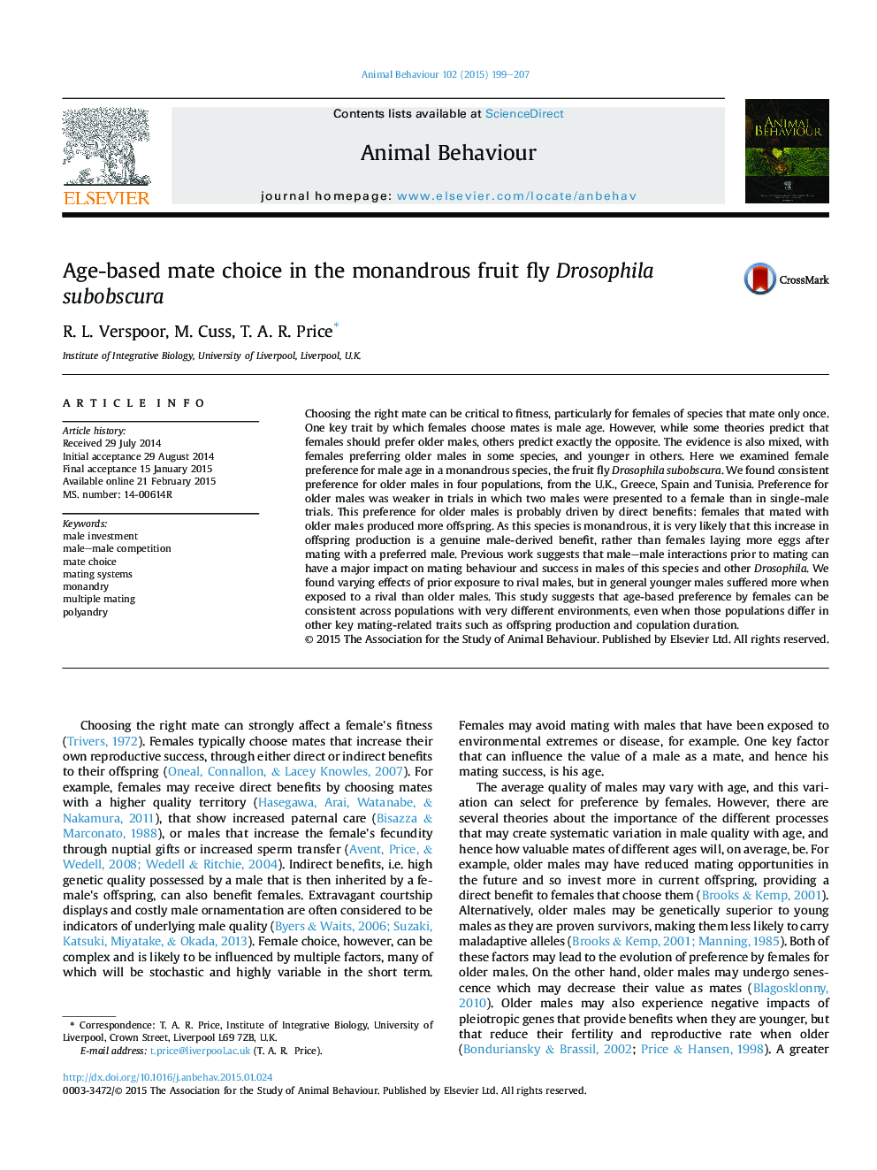 Age-based mate choice in the monandrous fruit fly Drosophila subobscura