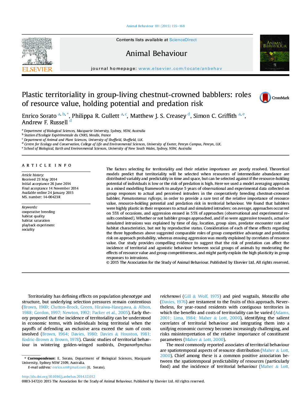 Plastic territoriality in group-living chestnut-crowned babblers: roles of resource value, holding potential and predation risk