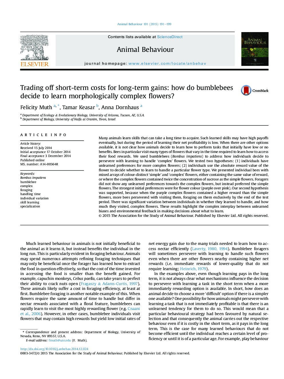 Trading off short-term costs for long-term gains: how do bumblebees decide to learn morphologically complex flowers?