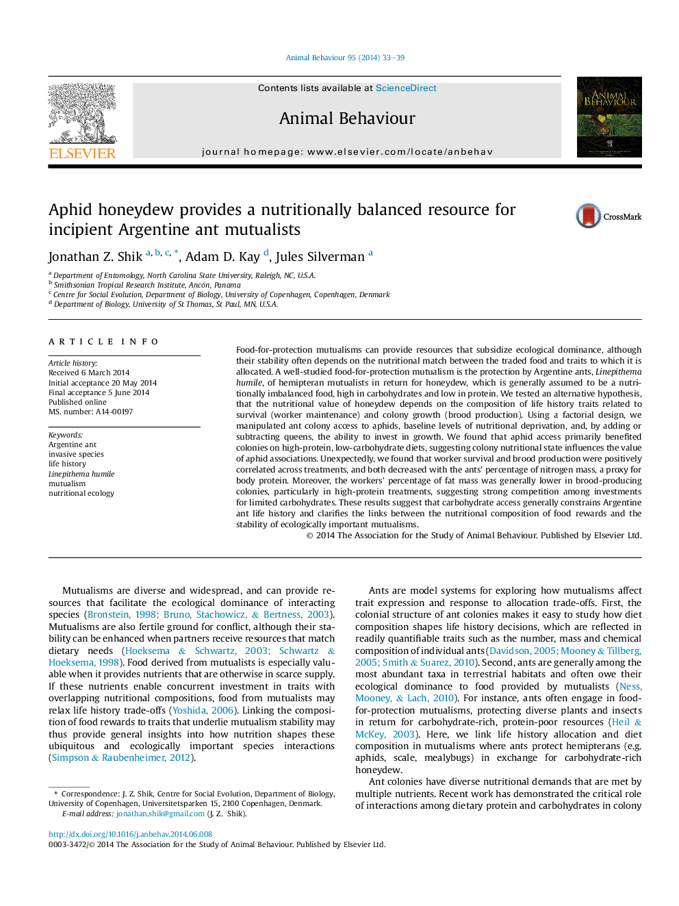 Aphid honeydew provides a nutritionally balanced resource for incipient Argentine ant mutualists