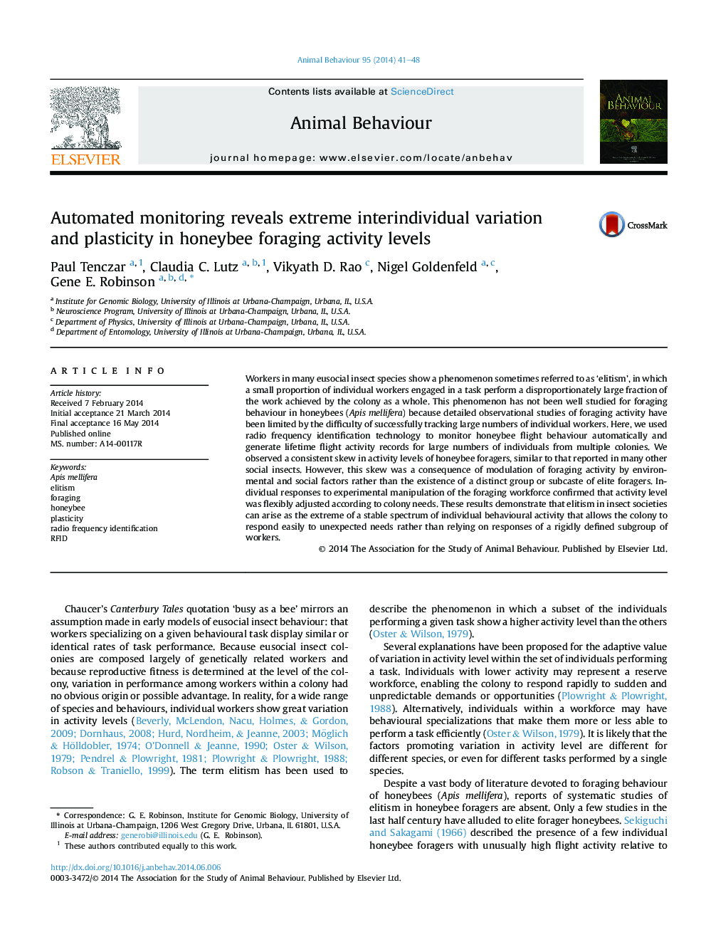 Automated monitoring reveals extreme interindividual variation and plasticity in honeybee foraging activity levels