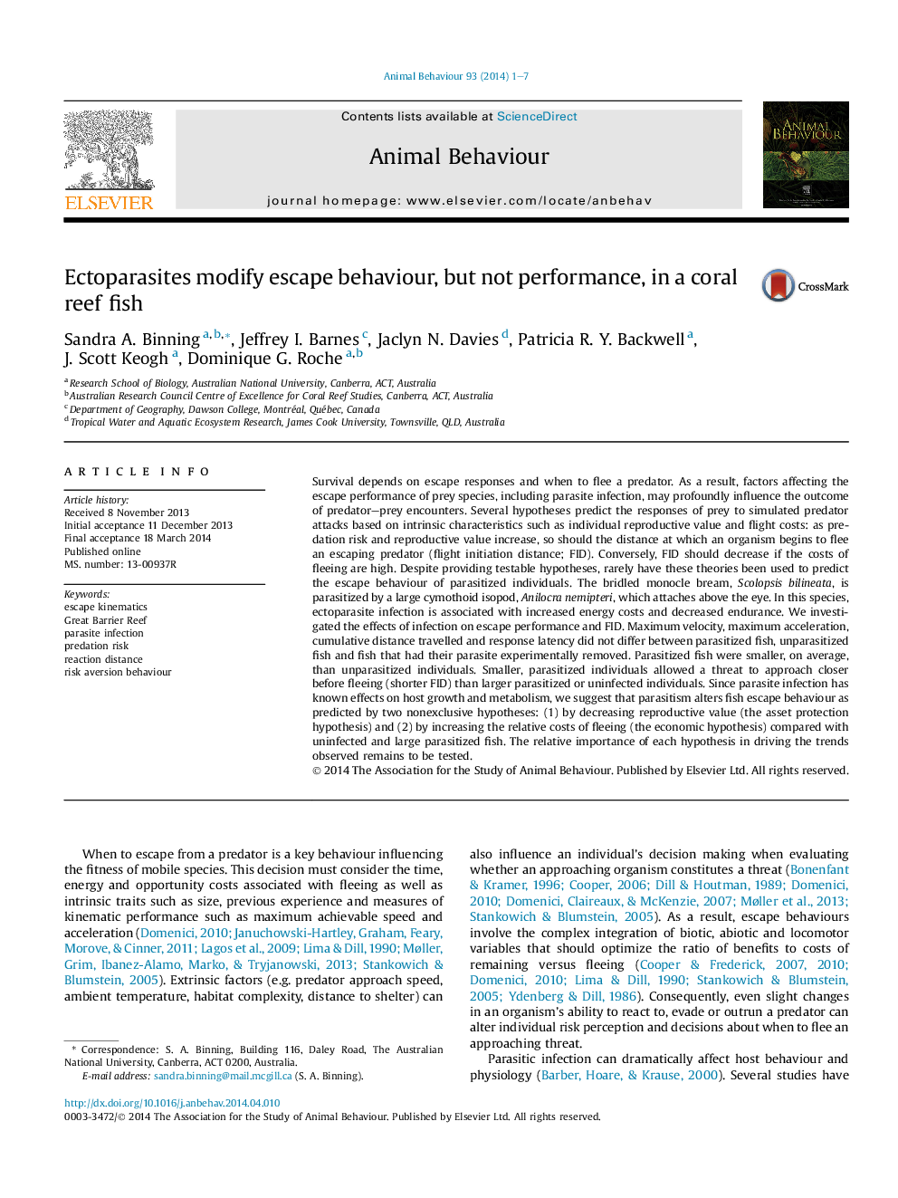 Ectoparasites modify escape behaviour, but not performance, in a coral reef fish