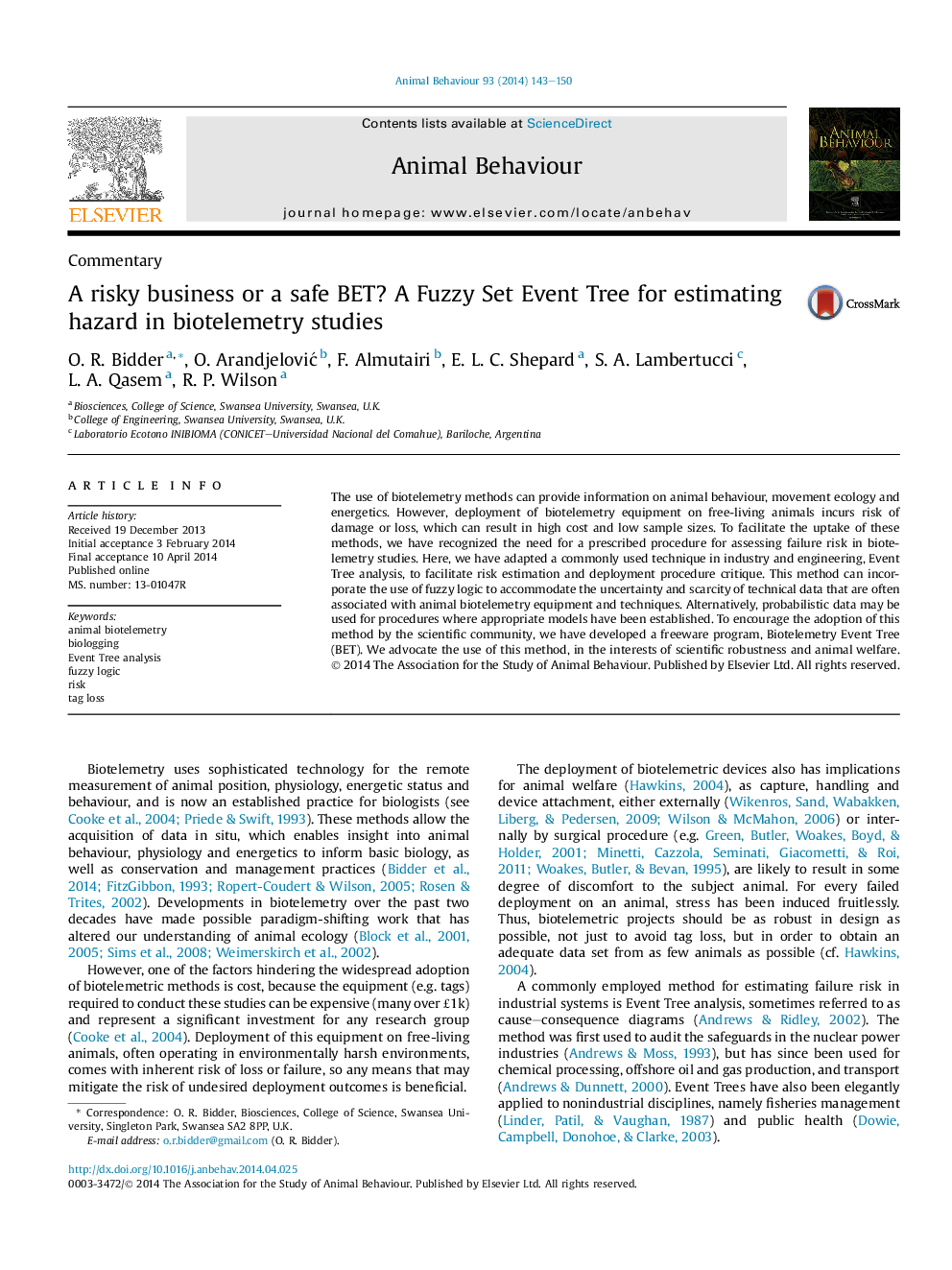 A risky business or a safe BET? A Fuzzy Set Event Tree for estimating hazard in biotelemetry studies