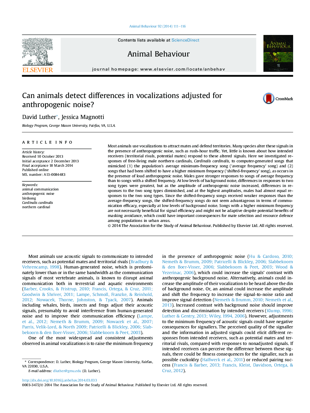 Can animals detect differences in vocalizations adjusted for anthropogenic noise?