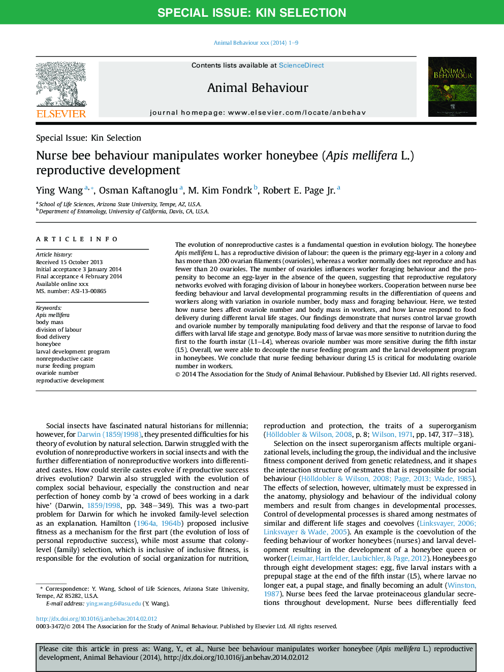 Nurse bee behaviour manipulates worker honeybee (Apis mellifera L.) reproductive development