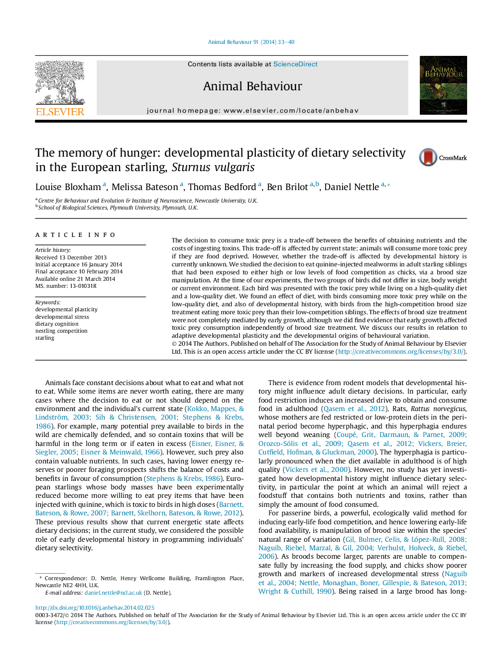 The memory of hunger: developmental plasticity of dietary selectivity in the European starling, Sturnus vulgaris