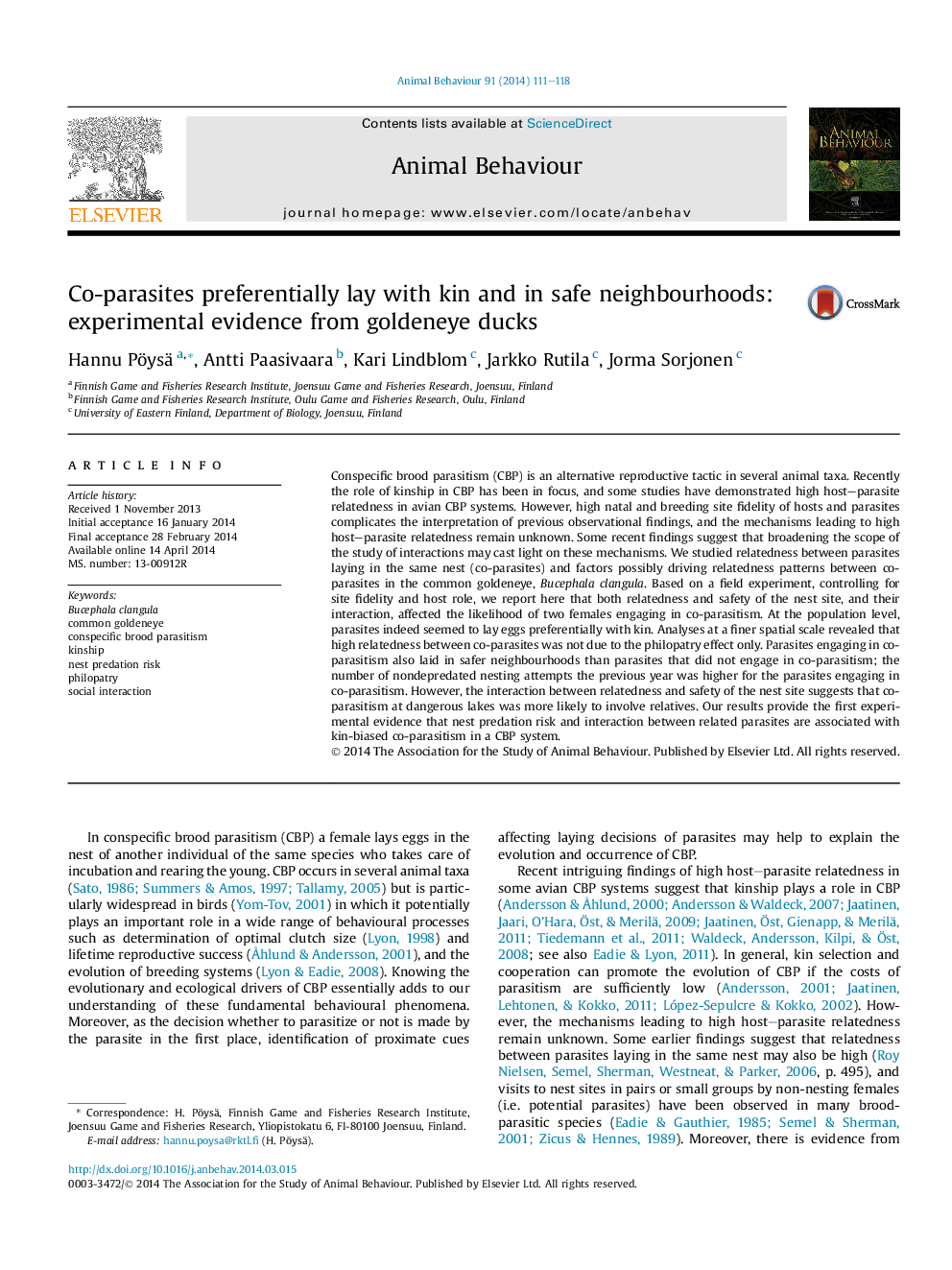 Co-parasites preferentially lay with kin and in safe neighbourhoods: experimental evidence from goldeneye ducks