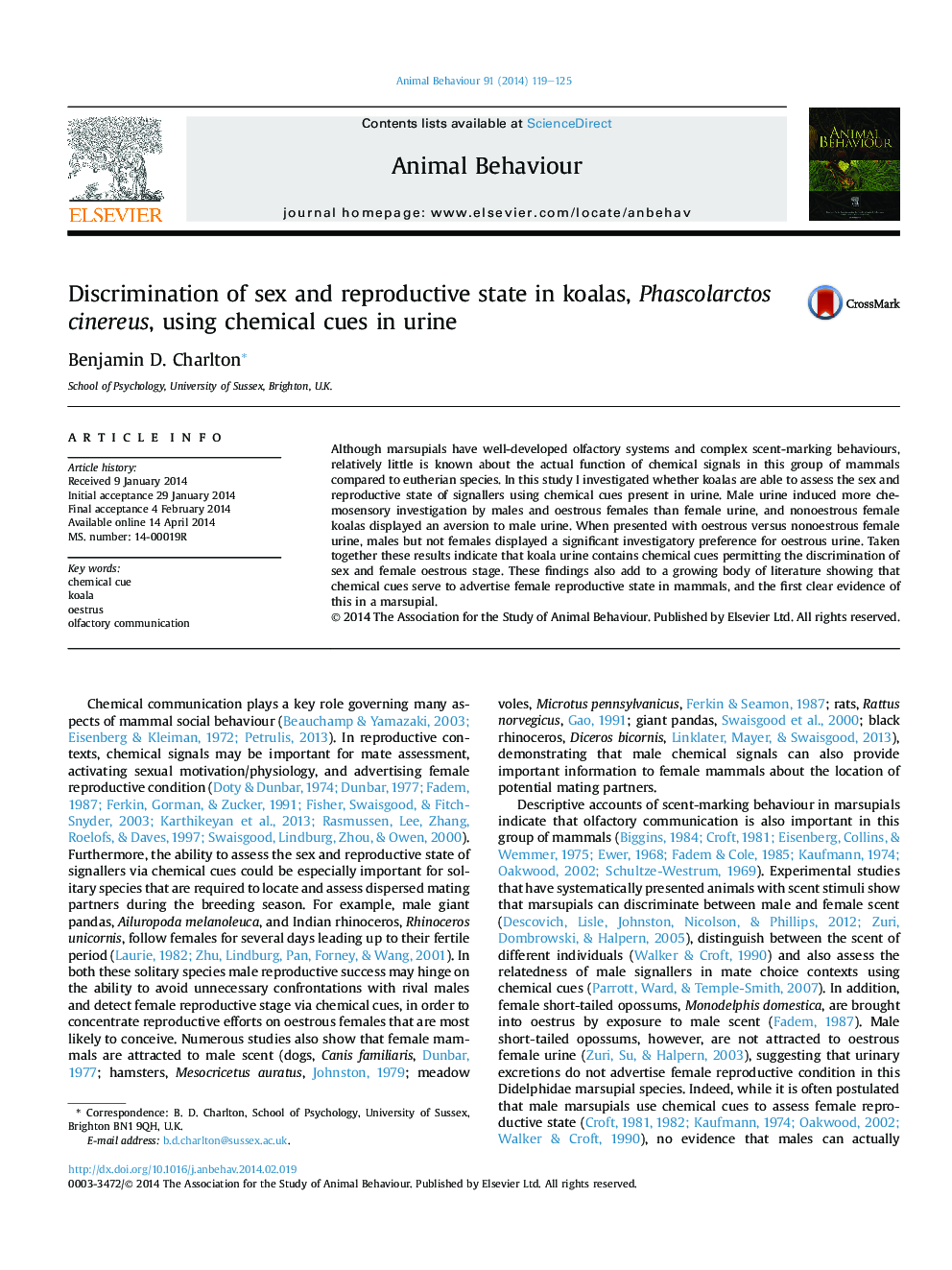 Discrimination of sex and reproductive state in koalas, Phascolarctos cinereus, using chemical cues in urine