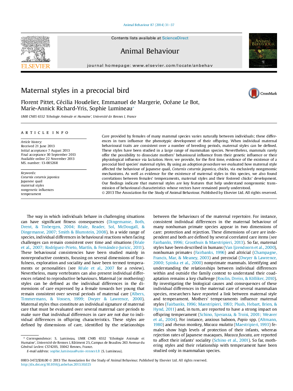 Maternal styles in a precocial bird