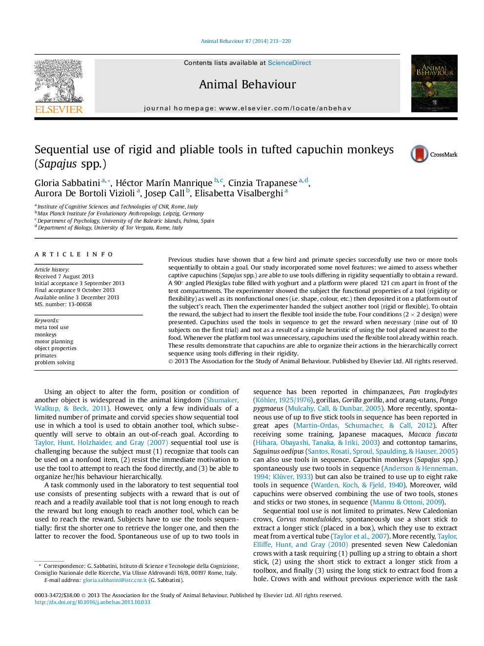 Sequential use of rigid and pliable tools in tufted capuchin monkeys (Sapajus spp.)