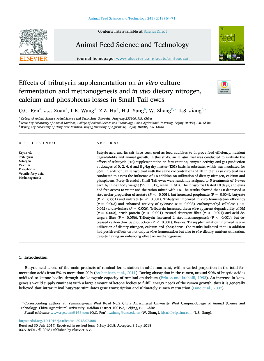 Effects of tributyrin supplementation on in vitro culture fermentation and methanogenesis and in vivo dietary nitrogen, calcium and phosphorus losses in Small Tail ewes