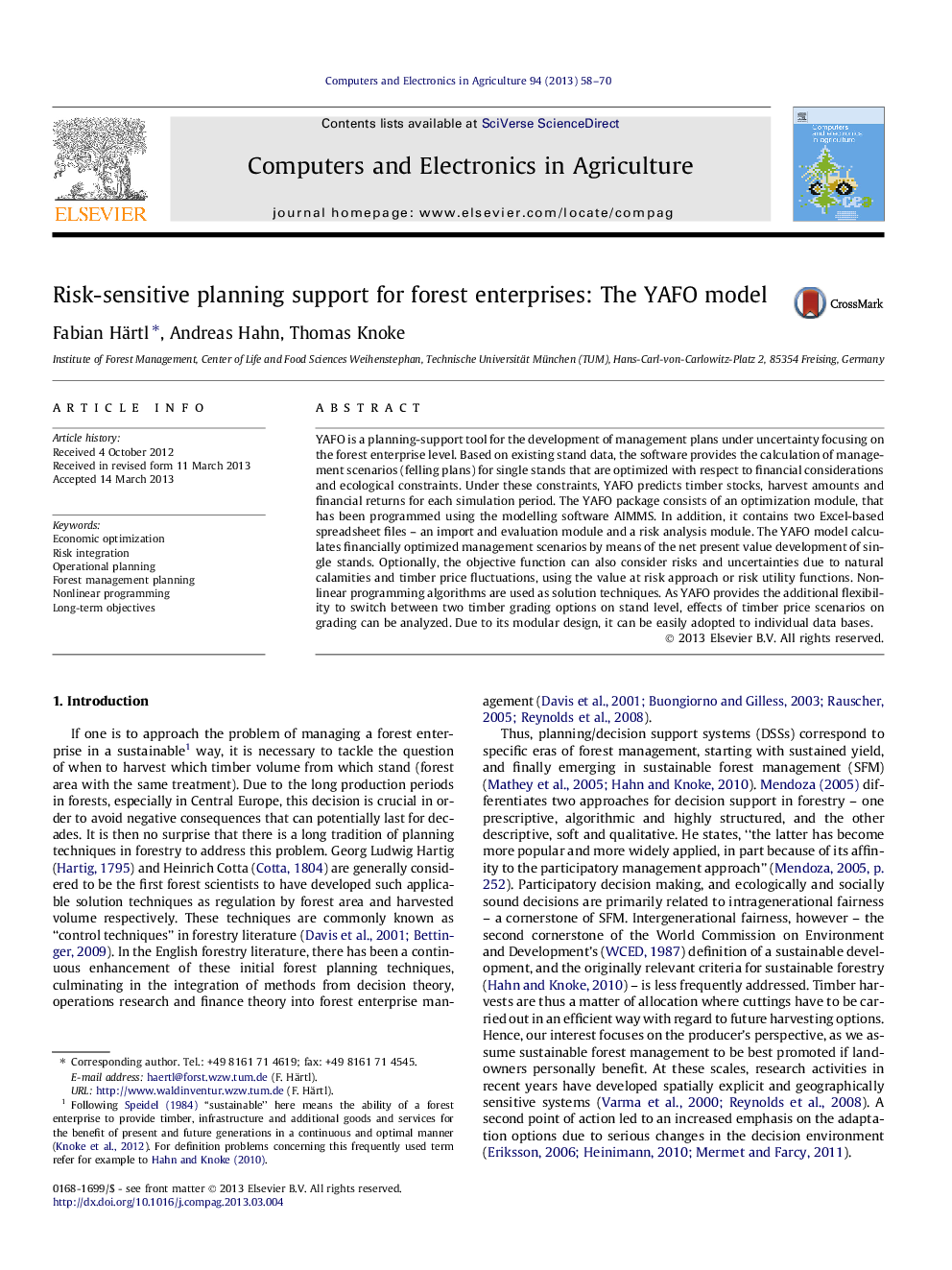 Risk-sensitive planning support for forest enterprises: The YAFO model