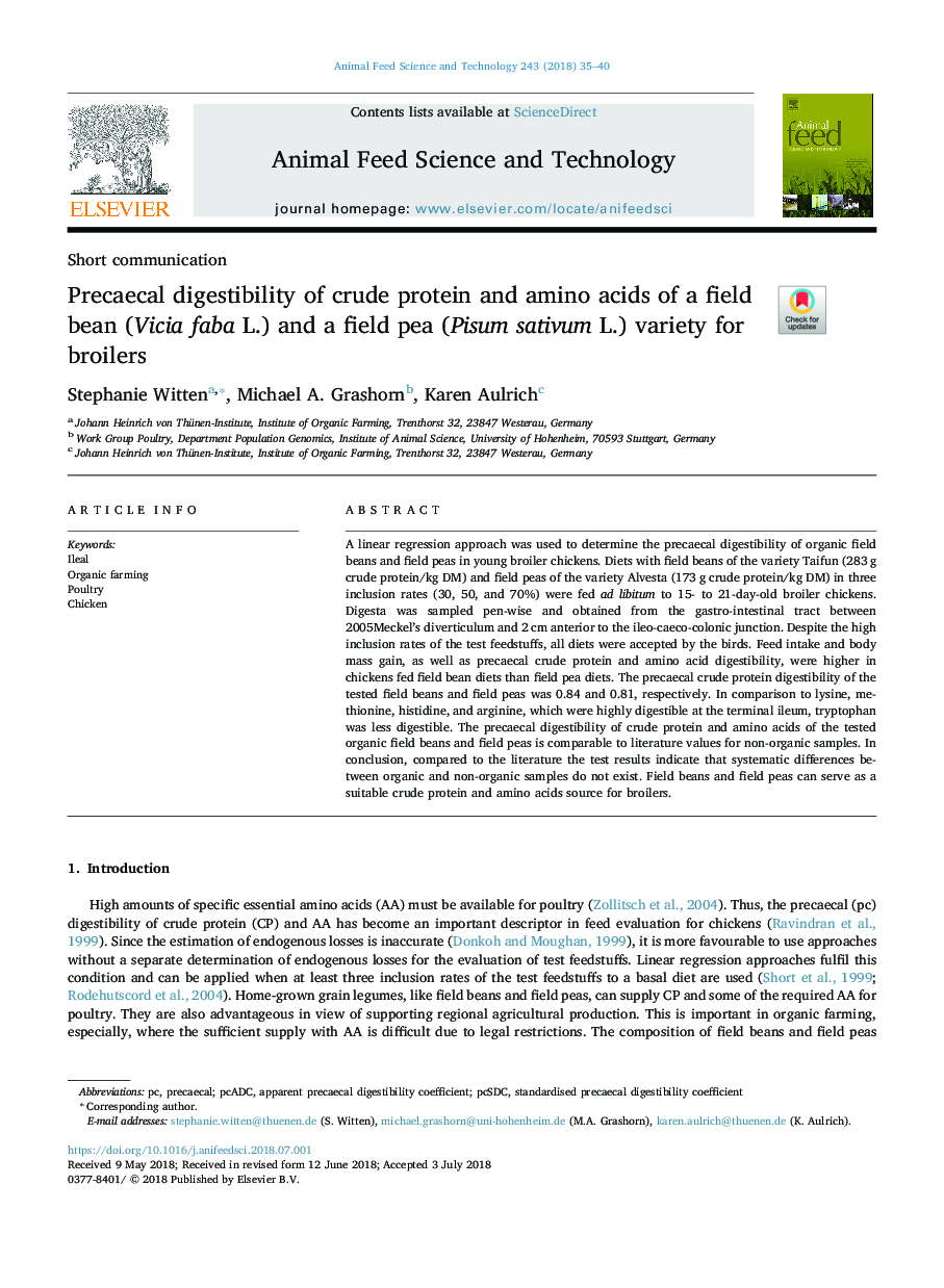 Precaecal digestibility of crude protein and amino acids of a field bean (Vicia faba L.) and a field pea (Pisum sativum L.) variety for broilers