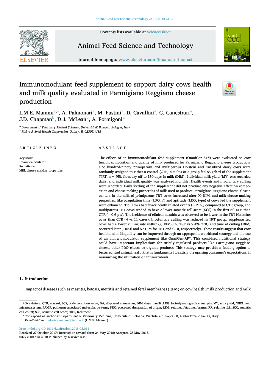 Immunomodulant feed supplement to support dairy cows health and milk quality evaluated in Parmigiano Reggiano cheese production