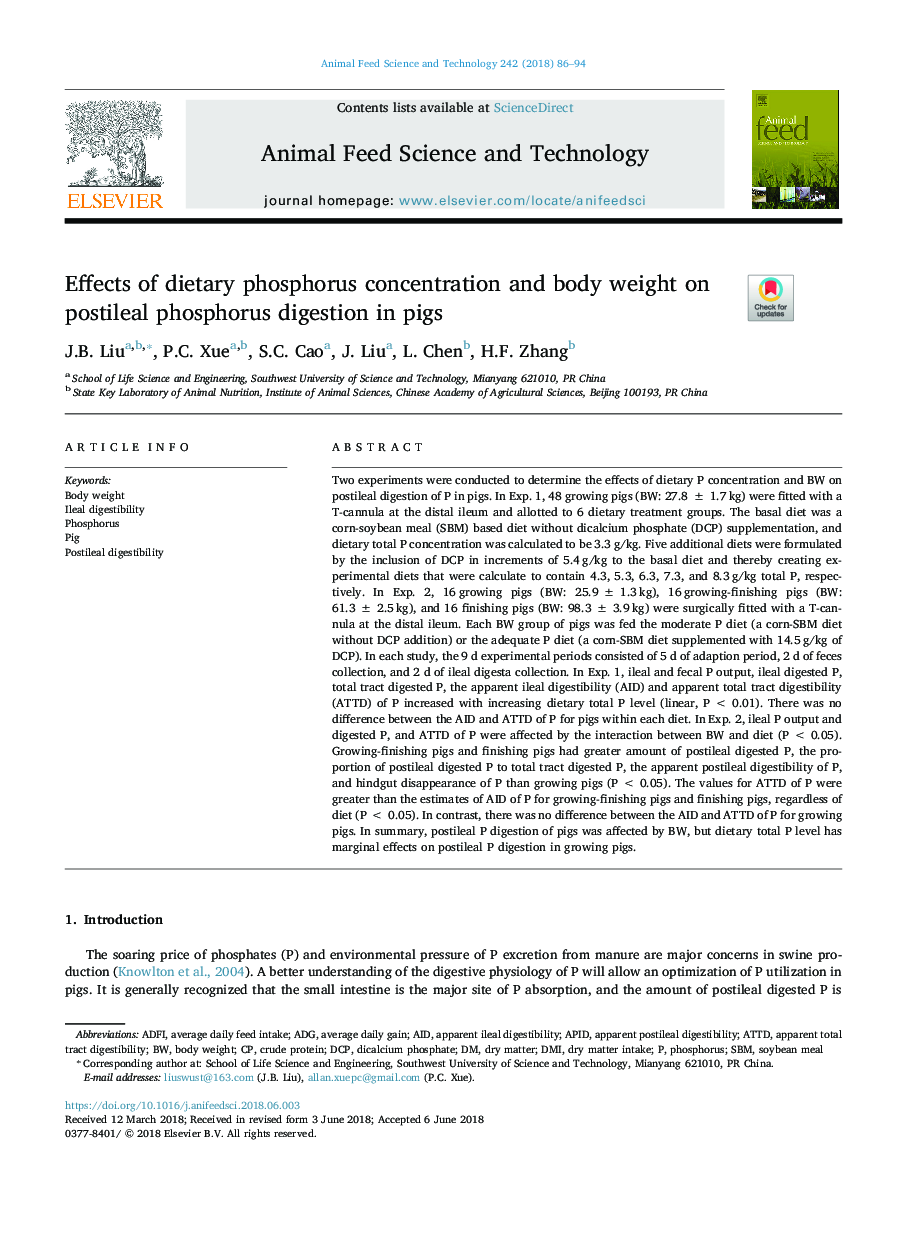 Effects of dietary phosphorus concentration and body weight on postileal phosphorus digestion in pigs