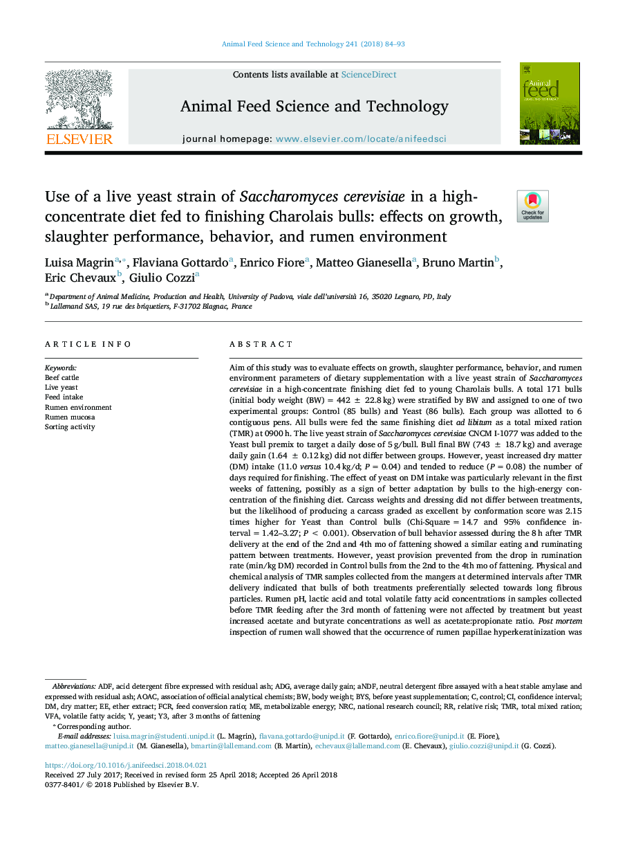 Use of a live yeast strain of Saccharomyces cerevisiae in a high-concentrate diet fed to finishing Charolais bulls: effects on growth, slaughter performance, behavior, and rumen environment