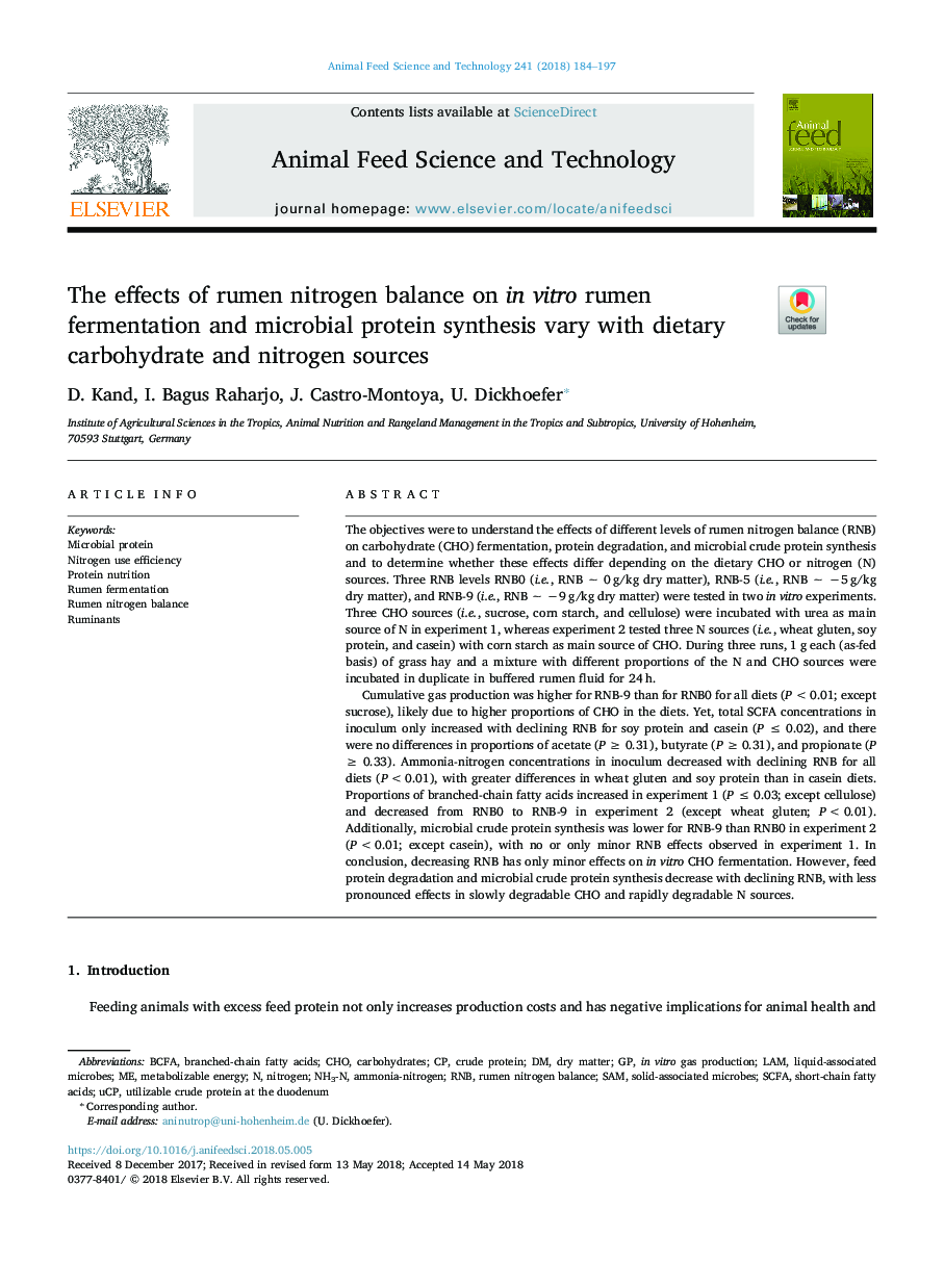The effects of rumen nitrogen balance on in vitro rumen fermentation and microbial protein synthesis vary with dietary carbohydrate and nitrogen sources