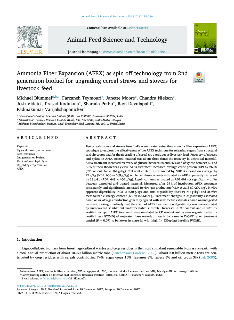 Ammonia Fiber Expansion (AFEX) as spin off technology from 2nd generation biofuel for upgrading cereal straws and stovers for livestock feed