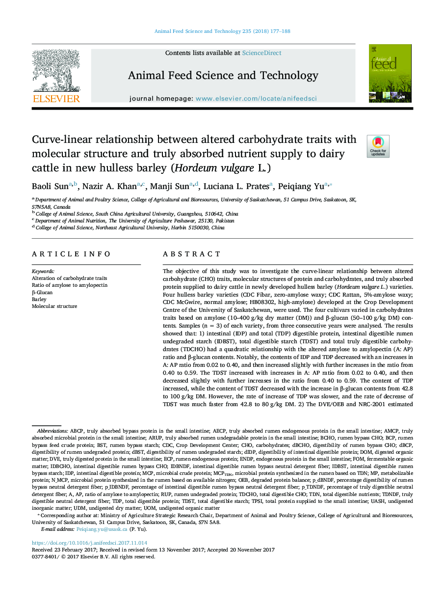 Curve-linear relationship between altered carbohydrate traits with molecular structure and truly absorbed nutrient supply to dairy cattle in new hulless barley (Hordeum vulgare L.)