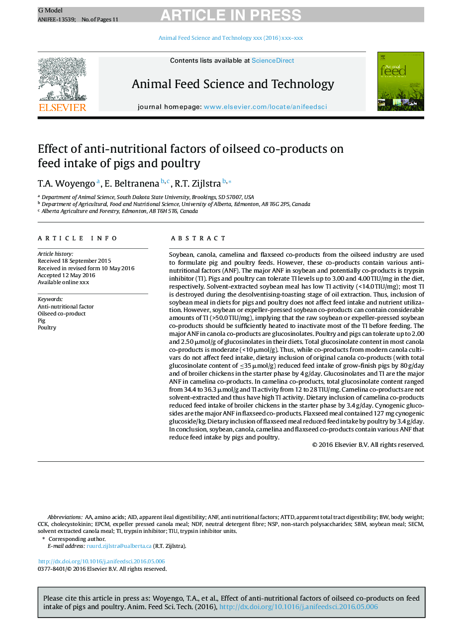 Effect of anti-nutritional factors of oilseed co-products on feed intake of pigs and poultry