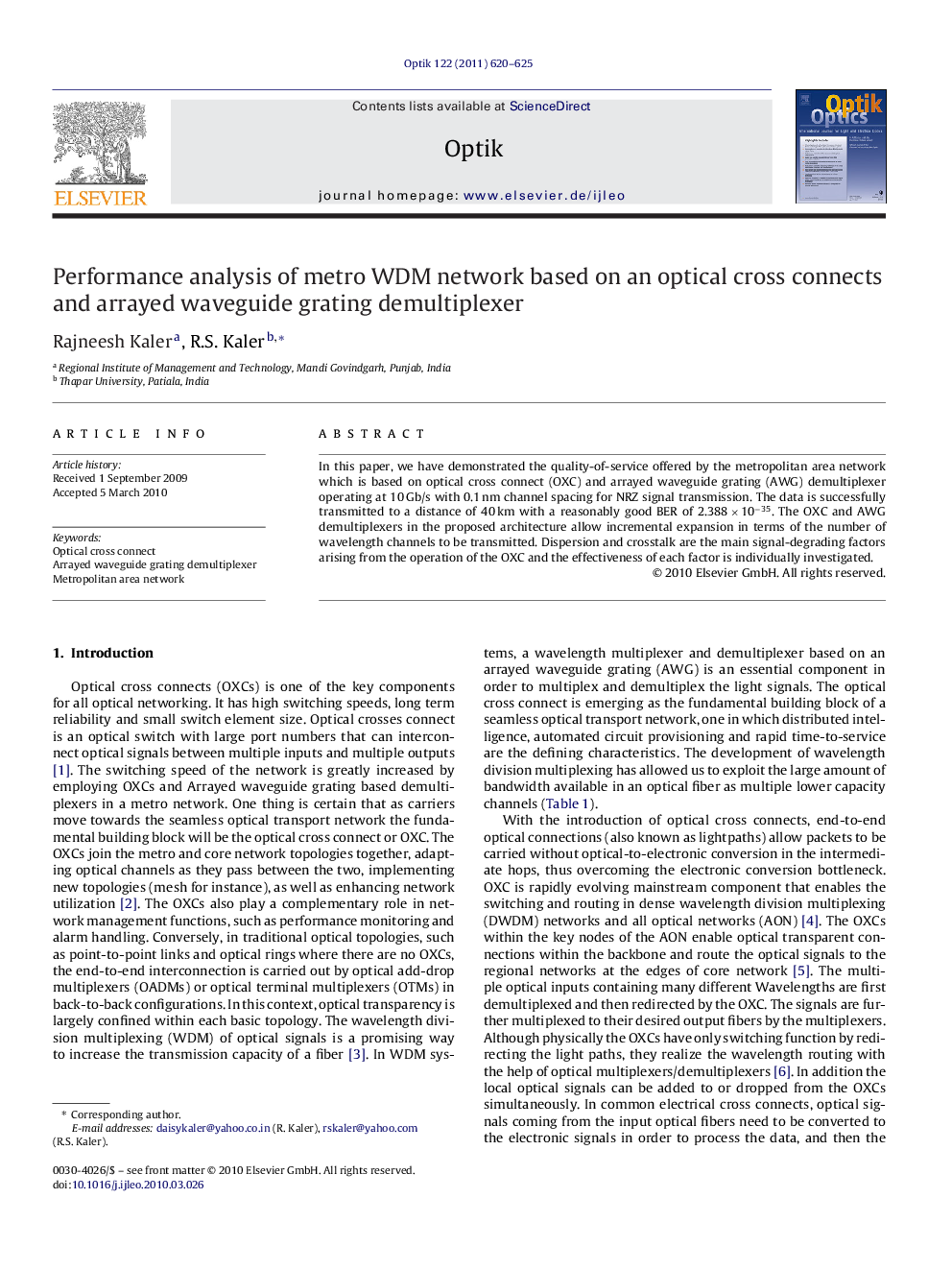 Performance analysis of metro WDM network based on an optical cross connects and arrayed waveguide grating demultiplexer