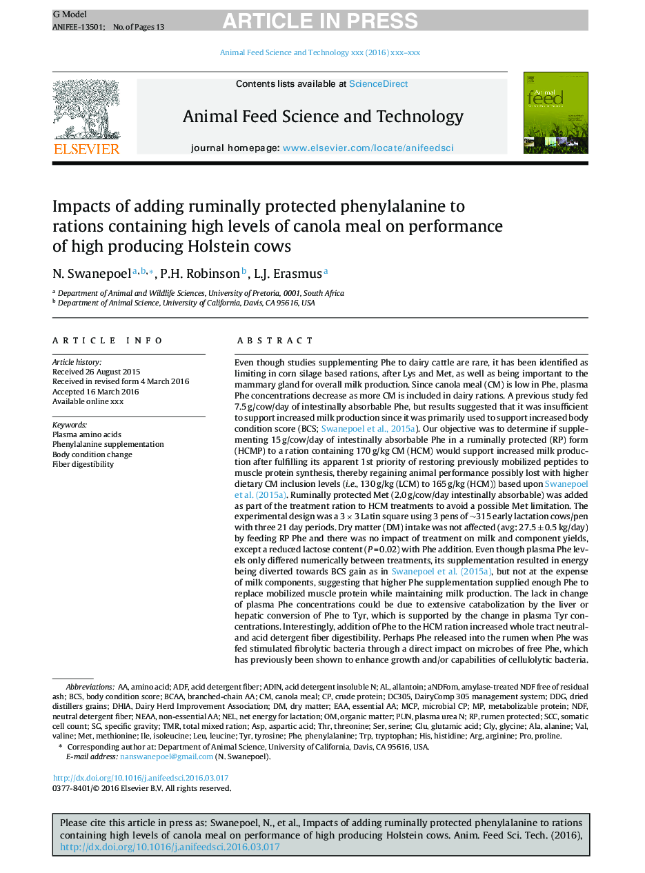 Impacts of adding ruminally protected phenylalanine to rations containing high levels of canola meal on performance of high producing Holstein cows