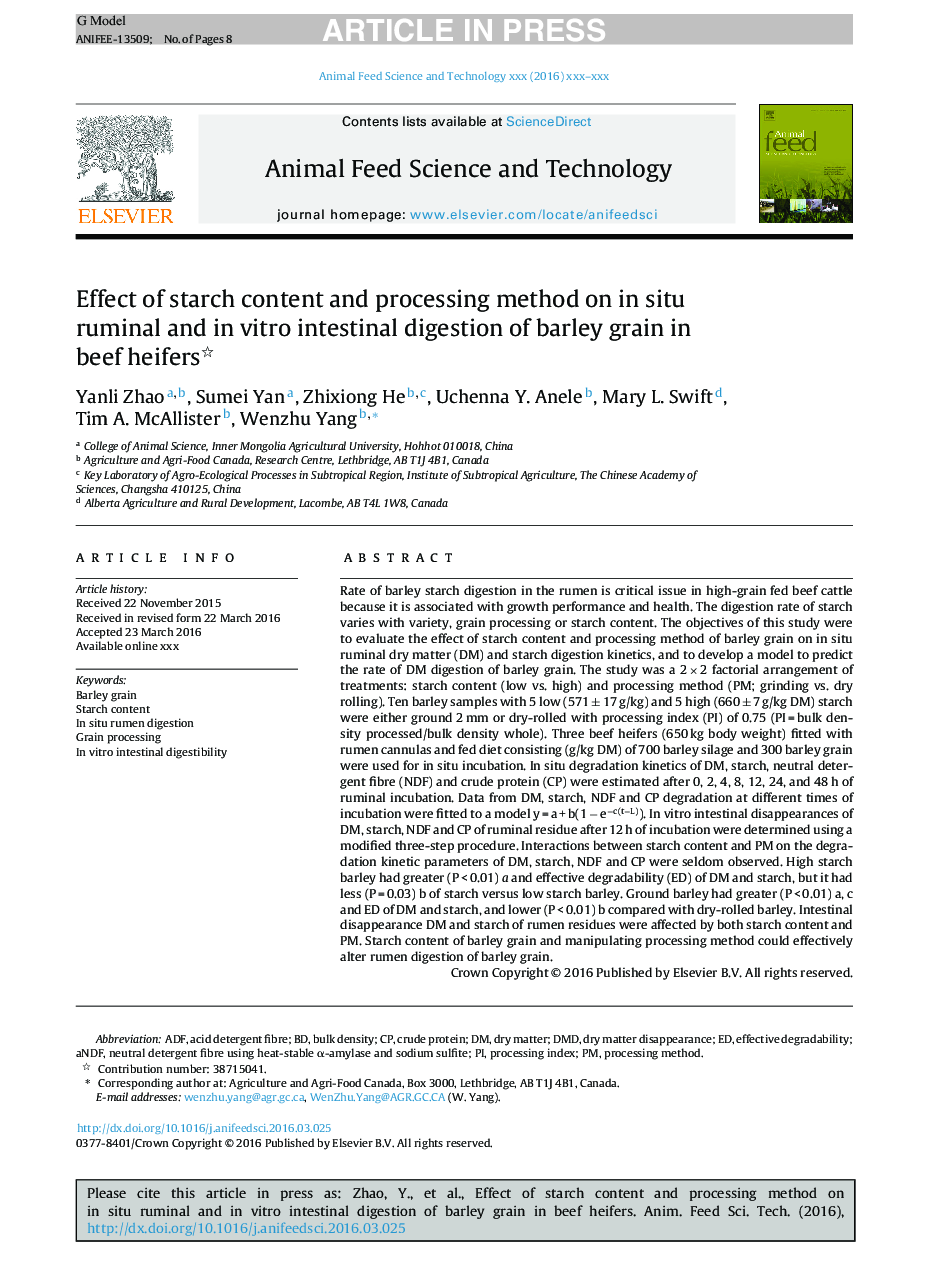 Effect of starch content and processing method on in situ ruminal and in vitro intestinal digestion of barley grain in beef heifers