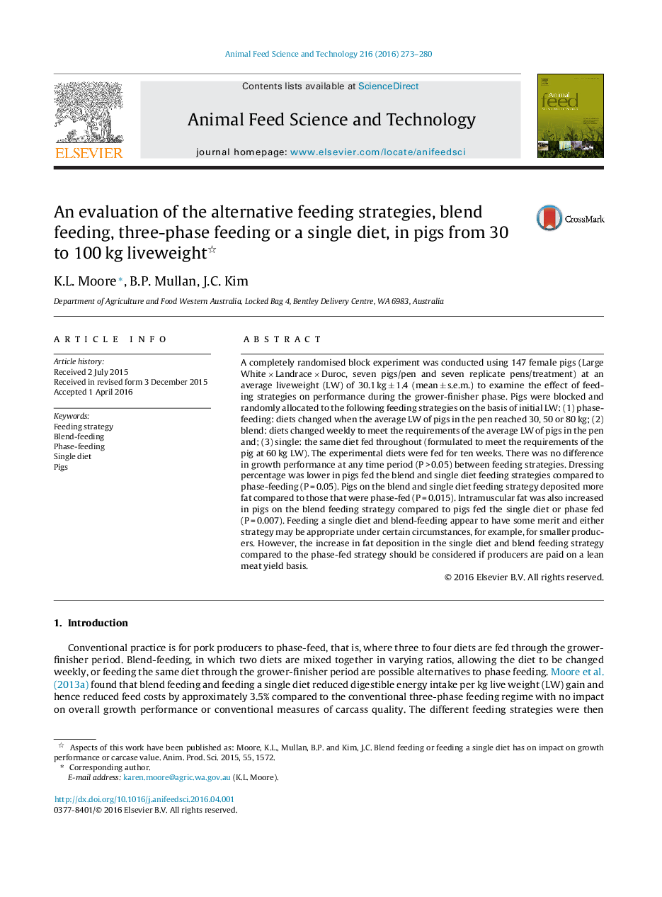 An evaluation of the alternative feeding strategies, blend feeding, three-phase feeding or a single diet, in pigs from 30 to 100Â kg liveweight