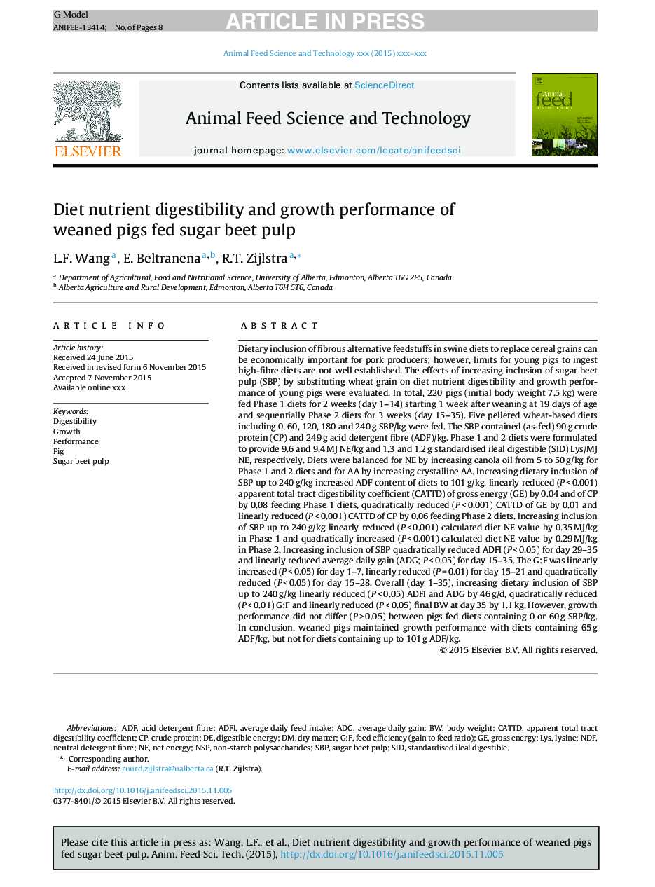 Diet nutrient digestibility and growth performance of weaned pigs fed sugar beet pulp