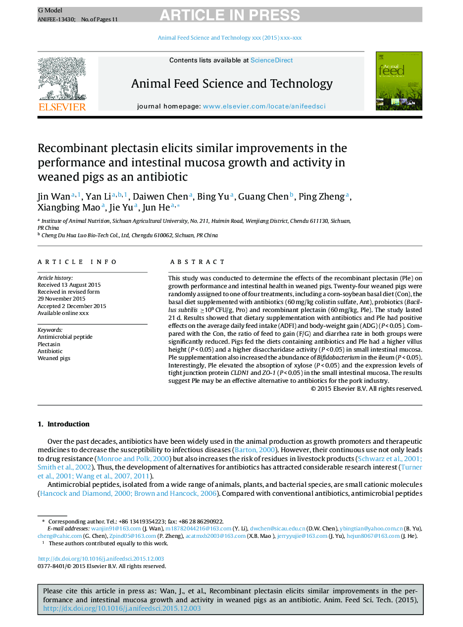 Recombinant plectasin elicits similar improvements in the performance and intestinal mucosa growth and activity in weaned pigs as an antibiotic