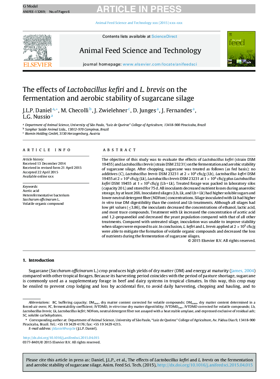The effects of Lactobacillus kefiri and L. brevis on the fermentation and aerobic stability of sugarcane silage