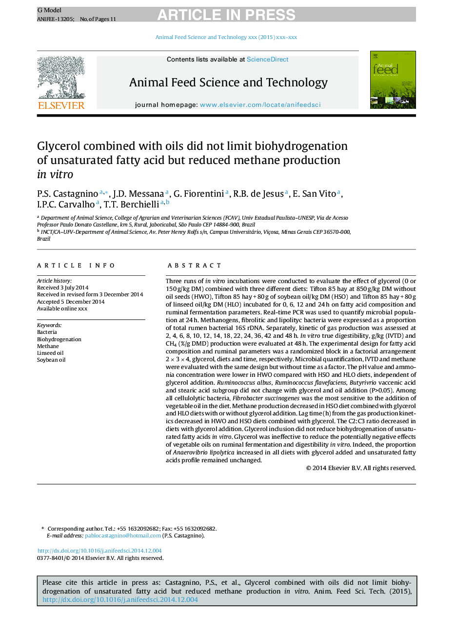 Glycerol combined with oils did not limit biohydrogenation of unsaturated fatty acid but reduced methane production in vitro