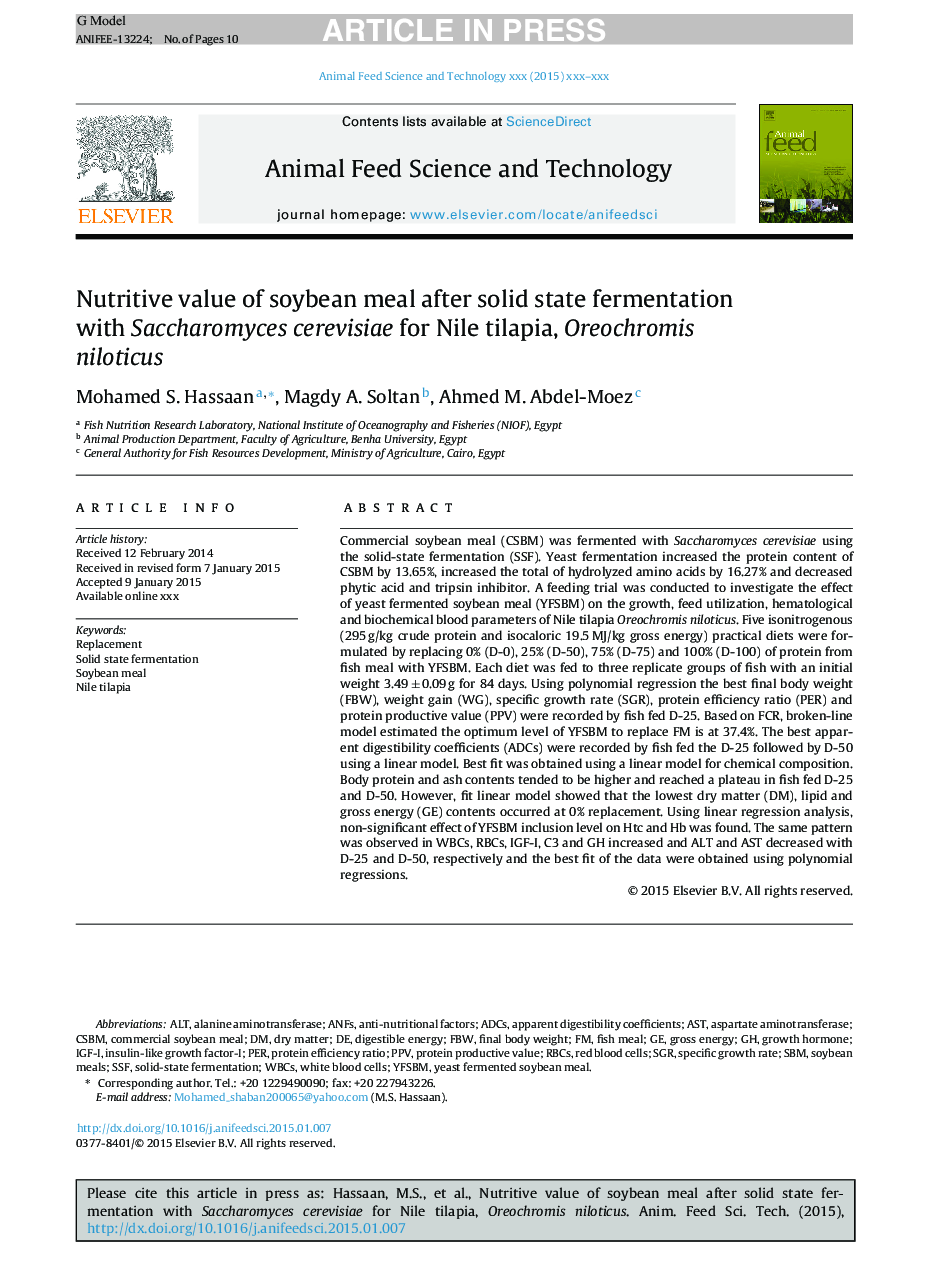 Nutritive value of soybean meal after solid state fermentation with Saccharomyces cerevisiae for Nile tilapia, Oreochromisniloticus